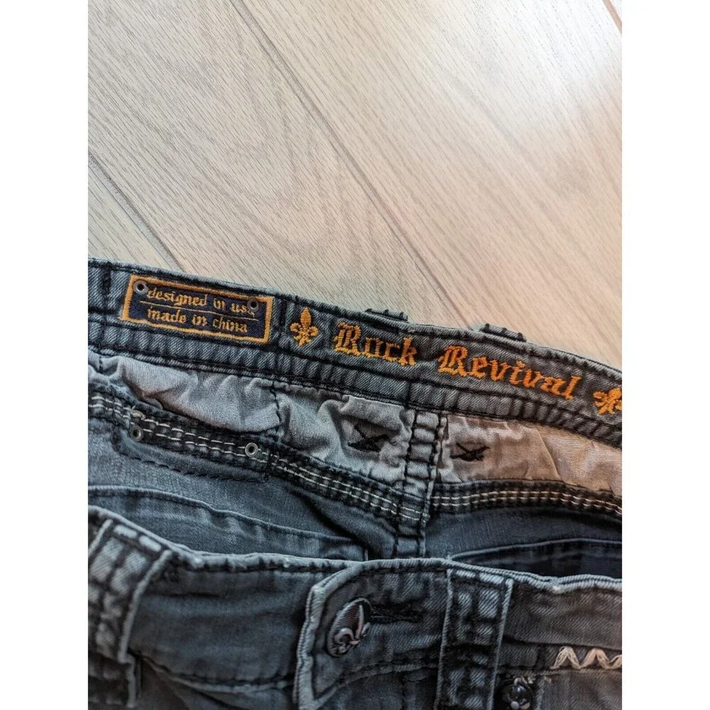 Rock Revival Jeans Mens 33 Gray Denim Finn Slim Boot Distressed READ 34x29